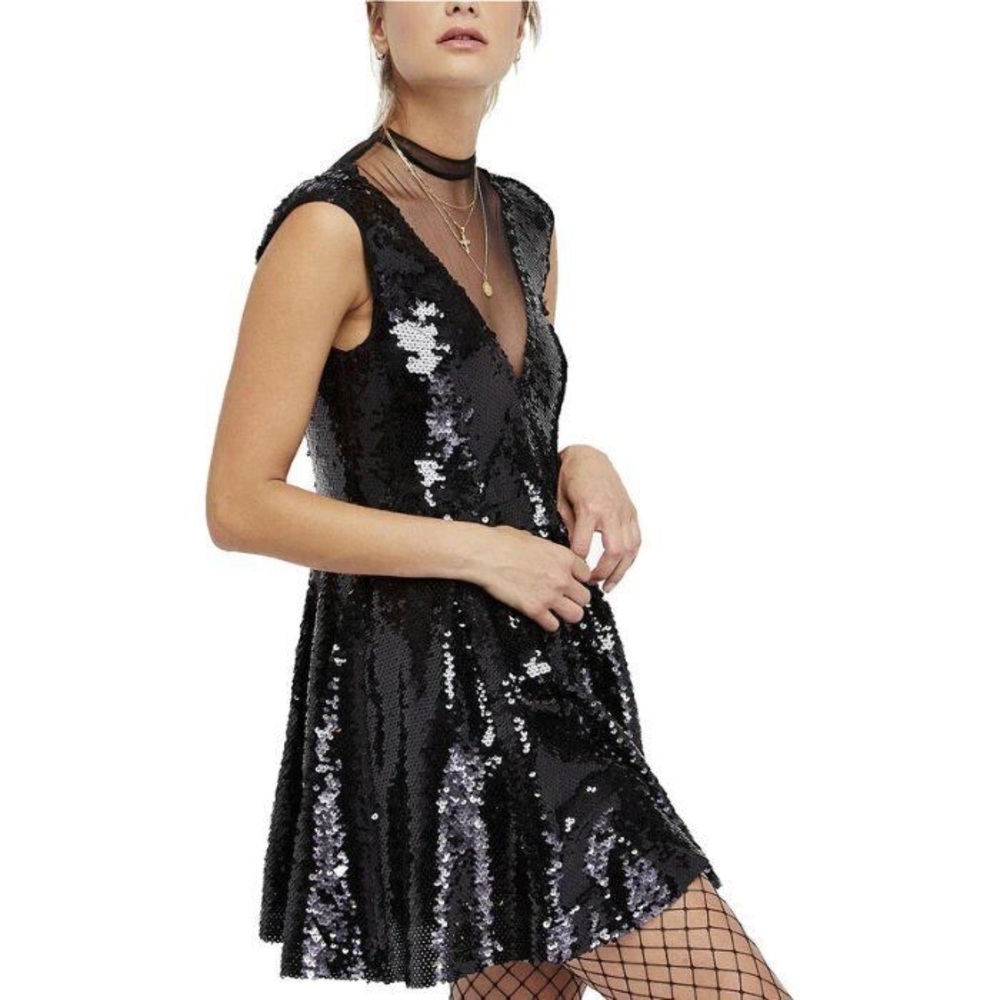 Free People Medium Dress Dance Til Dawn Sequin Mini Dress Black